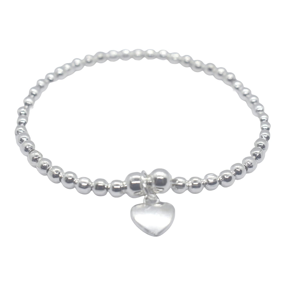 Silver Colour Round Beads With Heart Charm Stretchable Bracelet