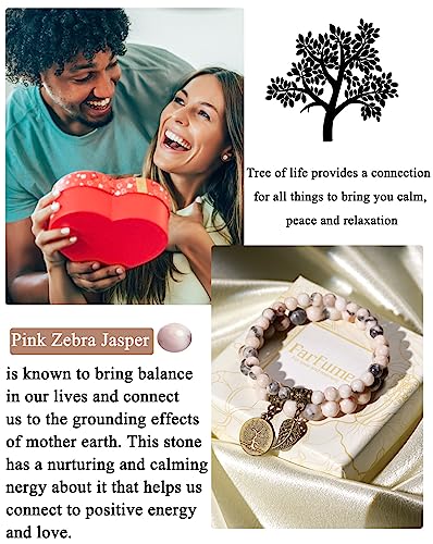 Farfume Chakra Bracelets for Women - Crystals Bracelet Women Natural Gemstones Yoga Reiki Bangle- A Set of Double Bracelets(rose and tree of life 17cm)