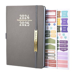 Diary 2024-2025 - 18 Month A5 Week to View Diary from Jan. 2024 to Jun.2025 Mid Year, Productivity Daily Planner，Weekly & Monthly Planner with Leather Cover,Sticker, Pen Loop, Inner Pocket (Grey)