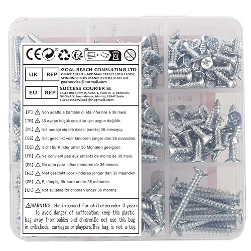 Vwoqiy 228PCS Self Tapping Screws, M3/M4/M5 Cross Drive Flat Head Screws, Countersunk Head Wood Screws, Metal Self Drilling Screws for Woodworking, with Storage Box (silvery 228)