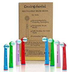 Eco Friendly Oral B Compatible Replacement Kids Toothbrush Heads by Envirodental - Fully Recyclable Colourful Pack of 8 Brushes - with Soft Bristles for Kids - for Electric Toothbrushes