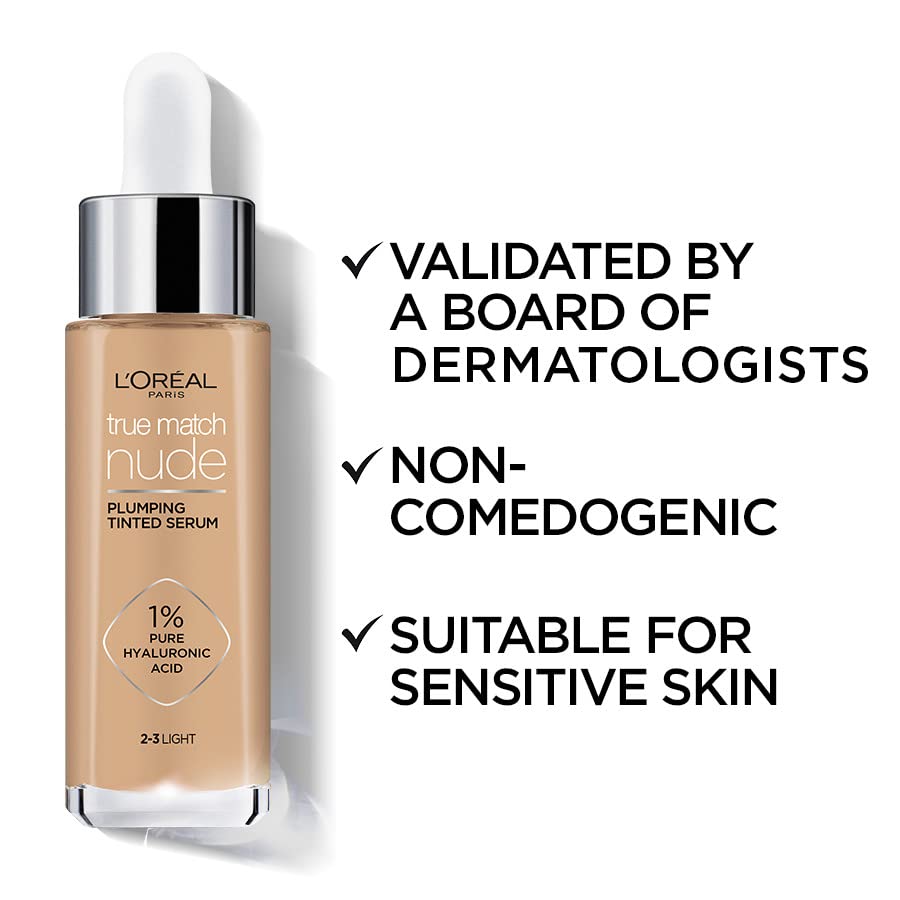 L'Oreal Paris True Match Nude Plumping Tinted Serum, 1% Hyaluronic Acid, Instantly Evens, Brightens, and Hydrates Skin, Shade 10-12, Very Deep