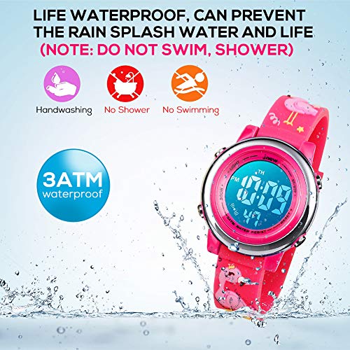 Bigmeda Kids Digital Watch, 3D Cartoon Sports Watch for 3-10 Year Boys Girls, Time Date Display, 7 Color Backlight, Stopwatch, Alarm Functions Kids Waterproof Wrist Watch (Flamingo)