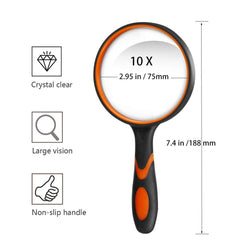 Magnifying Glass 10X, Handheld Reading Magnifier with Non-Slip Soft Rubber Handle, 75mm Magnifying Lens, Shatterproof Magnifying Mirror Reading Books, Inspection, Insects(Orange)