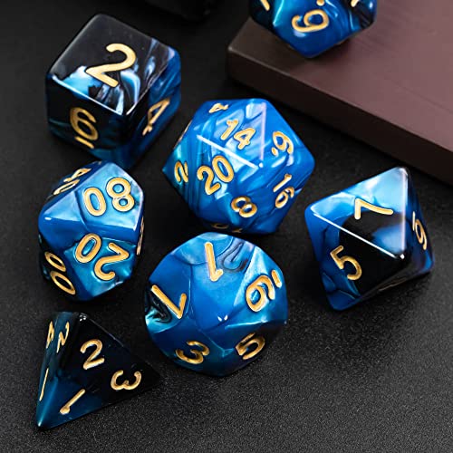 Cusdie 7Pcs/Set DND Dice Set D&D Polyhedral Dice for Dungeons and Dragons Role Playing Dice Games RPGs (Blue Mixed Black)