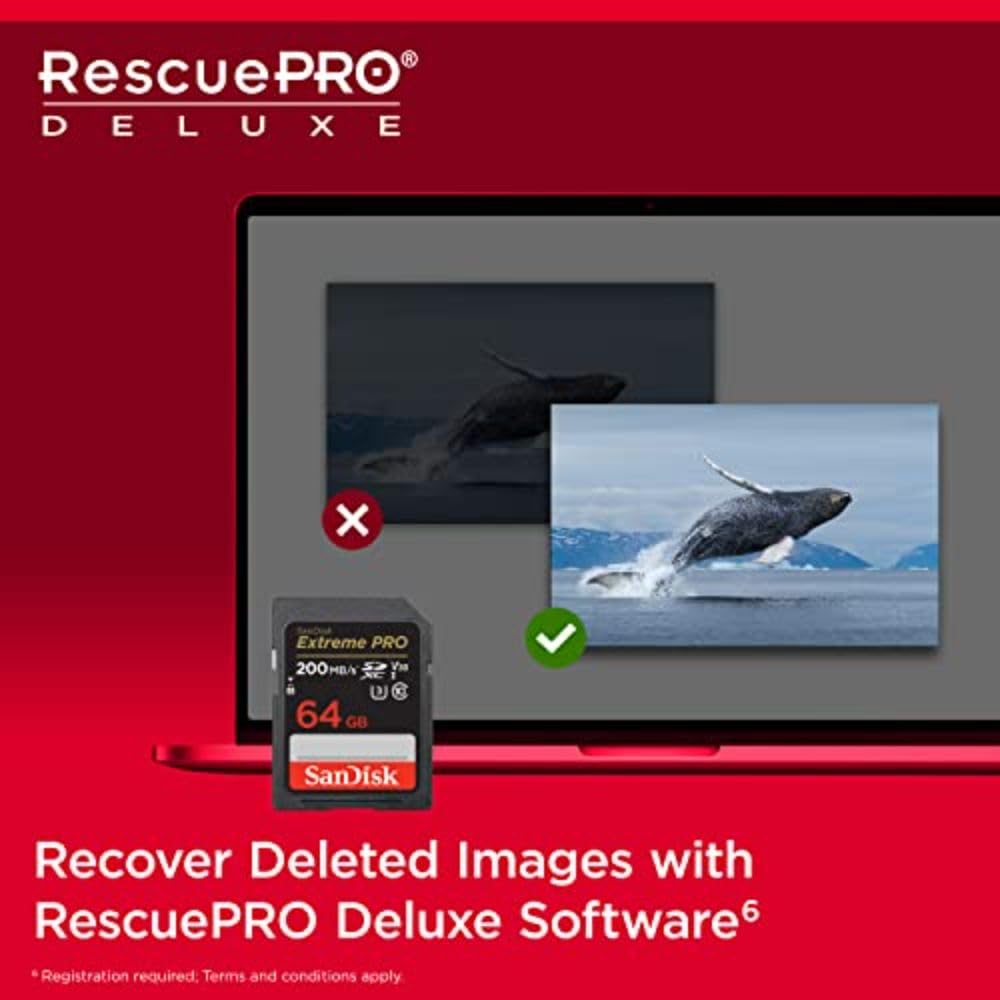 SanDisk 64GB Extreme PRO SDXC card and RescuePRO Deluxe, up to 200MB/s, UHS-I, Class 10, U3, V30