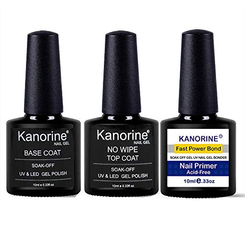 Kanorine® UV/LED 10ml Nail Gel Polish 3 in 1 Set(Nail PrimerandBase Coat andTop Coat) non-acid Natural/Acrylic Nails Primer Liquids gel bonder Agent soak-off no-wipe NailGelPolish 0.33oz x3