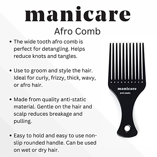 Manicare Afro Comb For Detangling And Styling, Professional Hairdressing Tool For Curly, Wavy, Frizzy And Afro Hair, Wide Tooth Anti-Static, Reduces Breakage, Pulling And Gentle On The Hair And Scalp