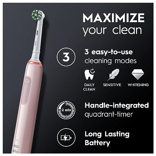 Oral-B Pro 3 Electric Toothbrushes For Adults, Gifts For Women / Men, 1 3D White Toothbrush Head & Travel Case, 3 Modes with Teeth Whitening, 2 Pin UK Plug, 3500, Pink