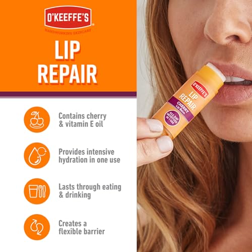 O'Keeffe's Lip Repair Cherry, 4.2g – For Extremely Dry, Cracked Lips   With Cherry & Vitamin E Oil, Provides All Day Hydration