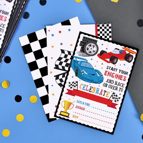 WERNNSAI Racing Car Party Invitation with Envelopes - 20 Count Race Car Party Supplies for Boys Birthday Baby Shower Graduation Fill-in Style Racing Invite Cards