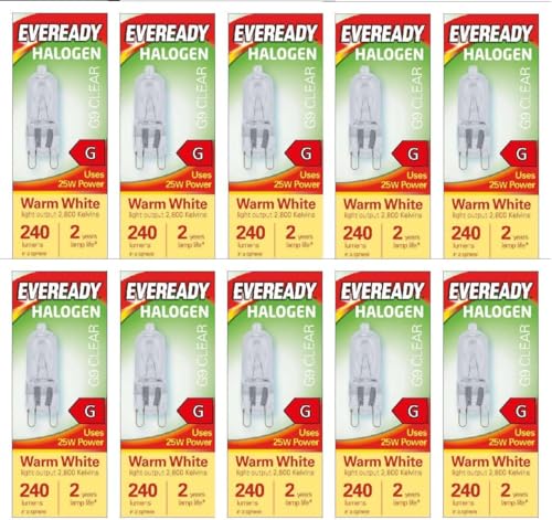 10 x G9 Halogen Light Bulbs 25w EVEREADY Clear, Warm White