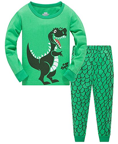 Boys Pyjamas Set for Boy Dinosaur Tshirt Nightwear Cotton Toddler Clothes Kids Sleepwear Winter Long Sleeve Pjs 2 Piece, 5-6 Years, 01 Green