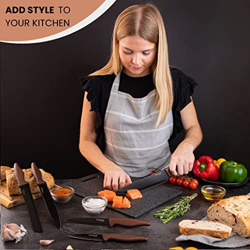 nuovva Sharp Kitchen Knife Set – 5pcs Copper Kitchen Knives – Professional Stainless Steel Filleting Knives - Black Non Stick Blades