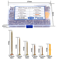 210 Pcs Wood Screws Assortment Set, Self Tapping Countersunk Head Screws, Self Drilling Cross Flat Head Brass Zinc Screws for Wood, with 20 Pcs M6 Screw Anchors