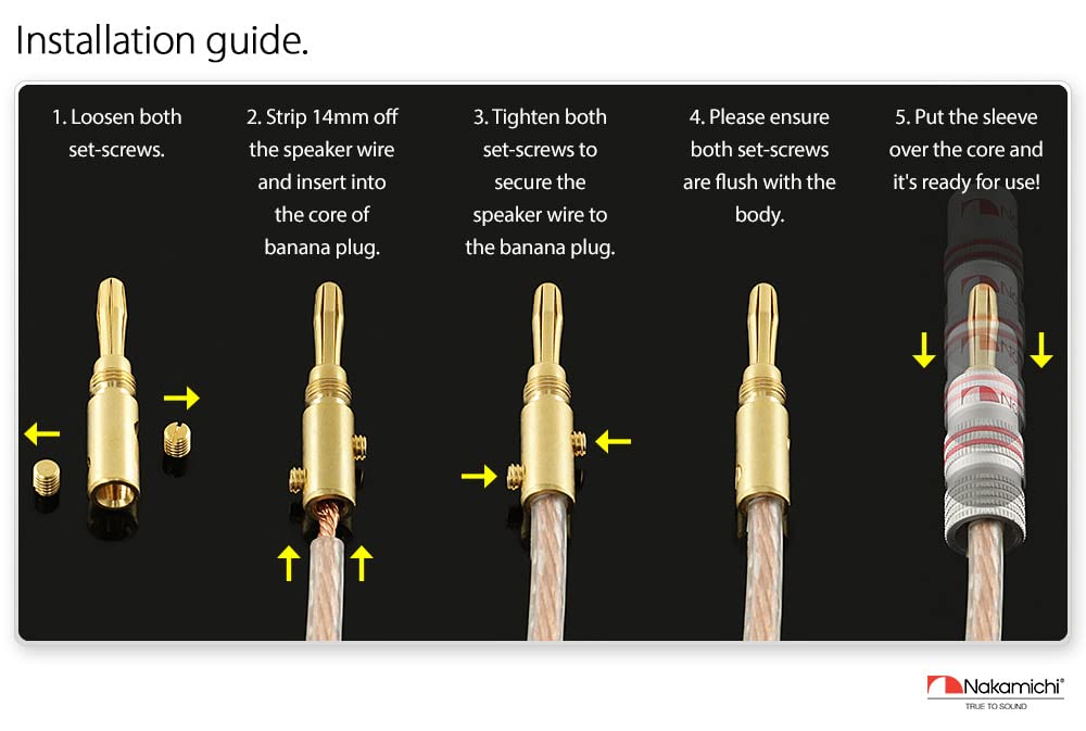 Nakamichi Excel Series 24k Gold Plated Banana Plug 12 AWG - 18 AWG Gauge Size 4mm for Speakers Amplifier Hi-Fi AV Receiver Stereo Home Theatre Audio Wire Cable Screw Connector, 4 Pcs (2-Pairs)