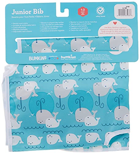 Bumkins Junior Bib, Adjustable Hook & Loop Closure, Catch-All Pocket, Baby-Led Weaning, Waterproof, Machine Washable, Stain & Odour Resistant, BPA Free, 1-3 Years, Whale Design