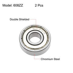 sourcing map 608ZZ Deep Groove Ball Bearings 8mm x 22mm x 7mm Double Shielded Chrome Steel Z2 2pcs