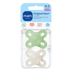 MAM Original Start Soother 0-2 Months (Pack of 2), Baby Soother Made from Sustainable Material, SkinSoft Silicone Teat, with MAM Soother Case, Cream