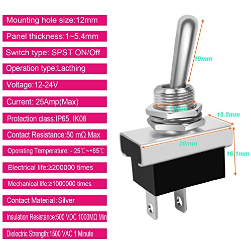 Gebildet Metal Toggle Switch 25A 12VDC/15A 24VDC/10A 250VAC/ 15A 125VAC SPST ON/Off 2Pin 2 Position Rocker Switch with Safety Cover for Auto Car KN3D-101