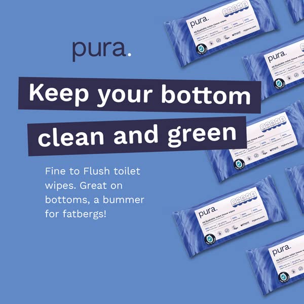 Pura Flushable Moist Toilet Tissue Wipes, 1 Pack of 40 Wet Wipes, 100% Plastic Free, 99% Water Clean Washlets, Certified ‘Fine to Flush’ Biodegradable, Compostable, Vegan, Gentle Clean