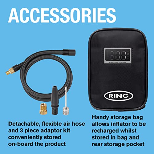 Ring Automotive RTC4000 cordless tyre inflator air compressor car pump. Rechargeable, auto stop, LED light, digital screen, memory function, case and adaptor kit