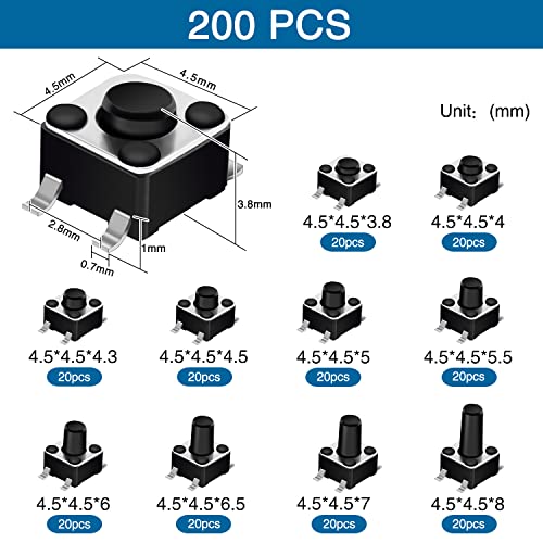 VooGenzek 200 PCS Micro Momentary Tactile Push Button Switch, 4.5×4.5mm 10 Types of Button Switch Assortment Kit, for Fields of Electronic Products, Black