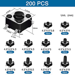 VooGenzek 200 PCS Micro Momentary Tactile Push Button Switch, 4.5×4.5mm 10 Types of Button Switch Assortment Kit, for Fields of Electronic Products, Black