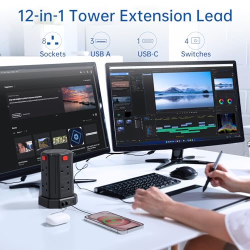 Tower Extension Lead, [13A 3250W] Surge Protector Extension Lead,8 AC Outlets & 4 USB Ports Multi Plug Socket Power Strip with 3M Extension Cable for Home, Office