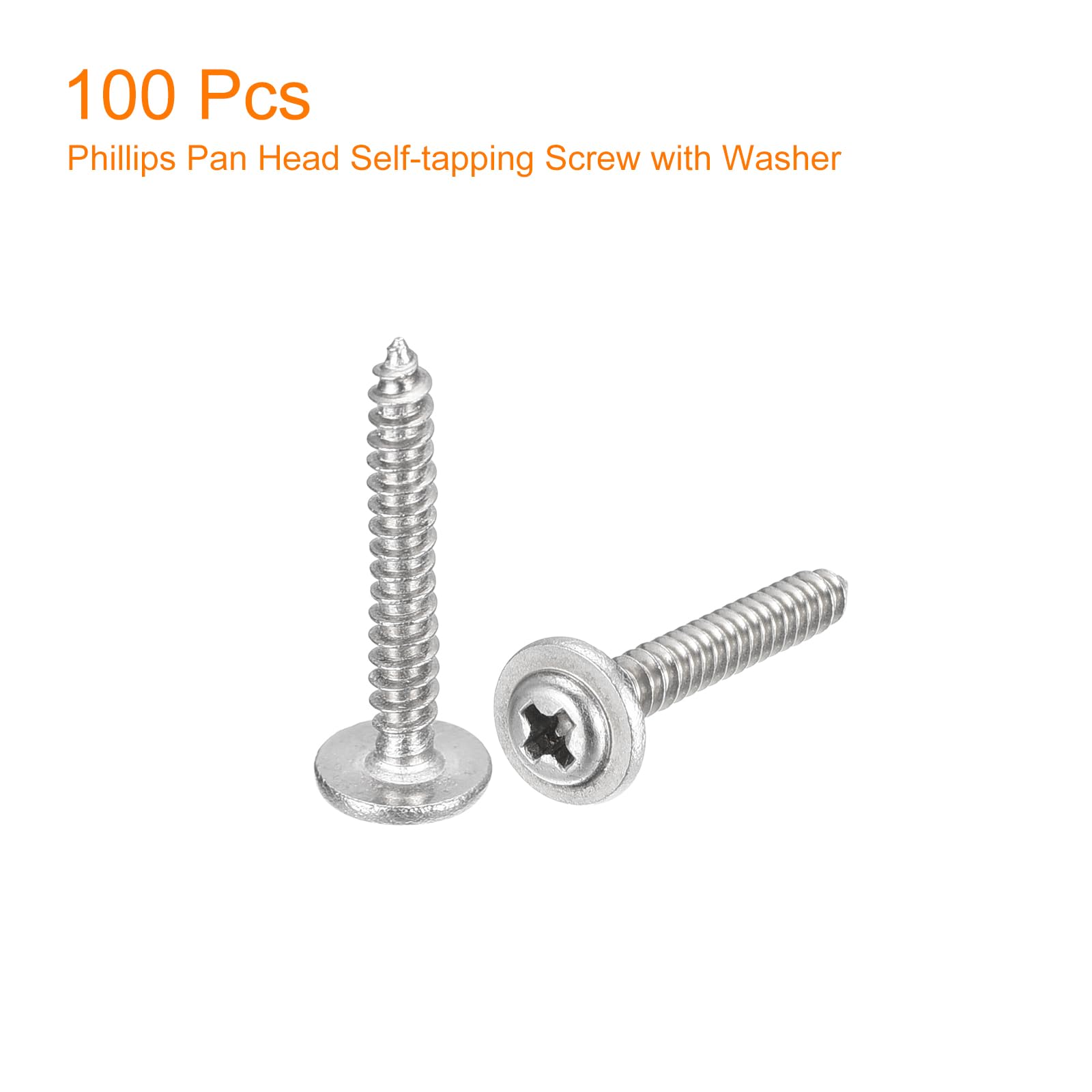 sourcing map ST2.3x16mm Phillips Pan Head Self-tapping Screw with Washer, 100pcs - 304 Stainless Steel Wood Screw Full Thread (Silver)