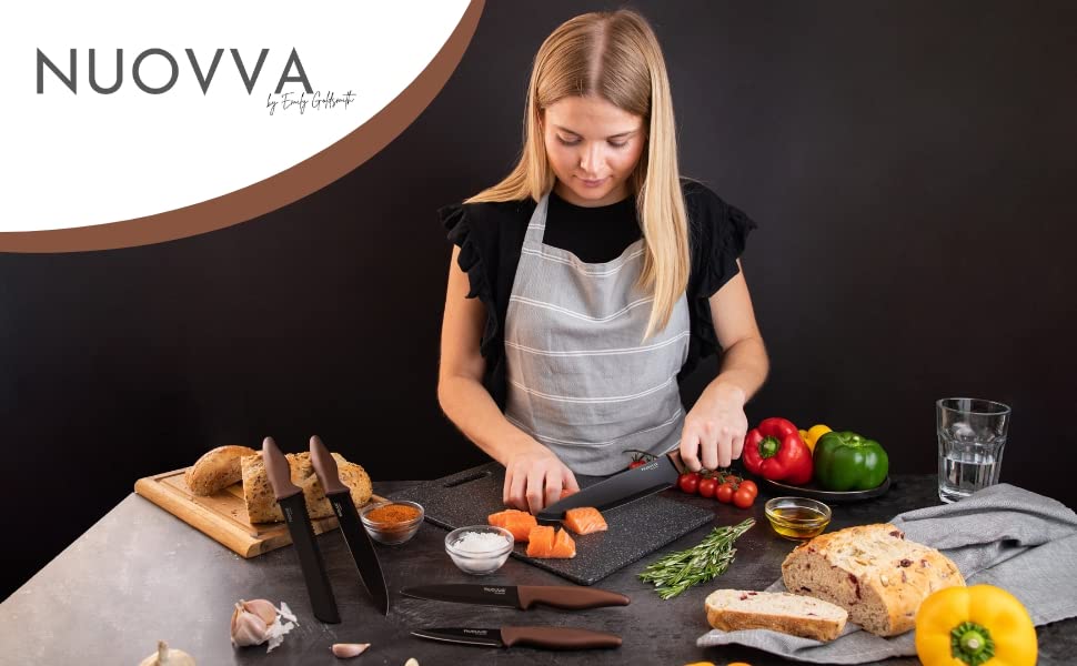 nuovva Sharp Kitchen Knife Set – 5pcs Copper Kitchen Knives – Professional Stainless Steel Filleting Knives - Black Non Stick Blades