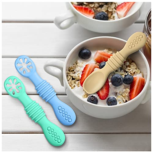 Vicloon Baby Fork and Spoon Set, 4Pcs Silicone Spoon Baby Weaning Spoon Set Self Feeding Utensil Easy Grip Soft Baby Spoon, Toddler Cutlery Kit for Infant Toddler Children First Led Training Weaning