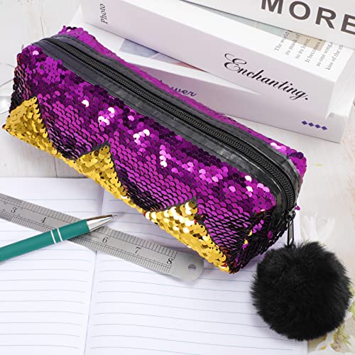 PHOGARY Sequin Preppy Pencil Case for Girls, Secondary School Pencil Bags with Fluffy Zipper, Pencil Pouch Holographic Pen Case Organizer for Students, Women Glitter Makeup Pouch (Purple, Gold)