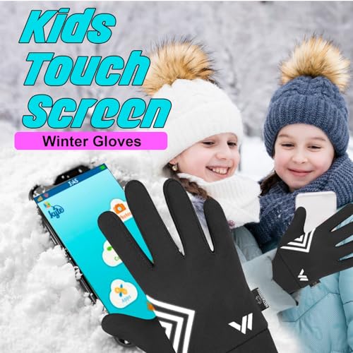 WESTWOOD FOX Winter Warm Kids Gloves, Children thermal touchscreen gloves, Anti-Slip, Sports, Cycling, Running, Riding, Outdoor Gloves for Boys Girls 4-12 Years old (BLACK, S)