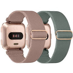 Adepoy 2 Packs Elastic Compatible with Fitbit Versa 2 Straps, Braided Nylon Sports Replacement Band for Fitbit Versa 2/Versa/Versa Lite Straps, Women Men （DarkPinkandGreen）