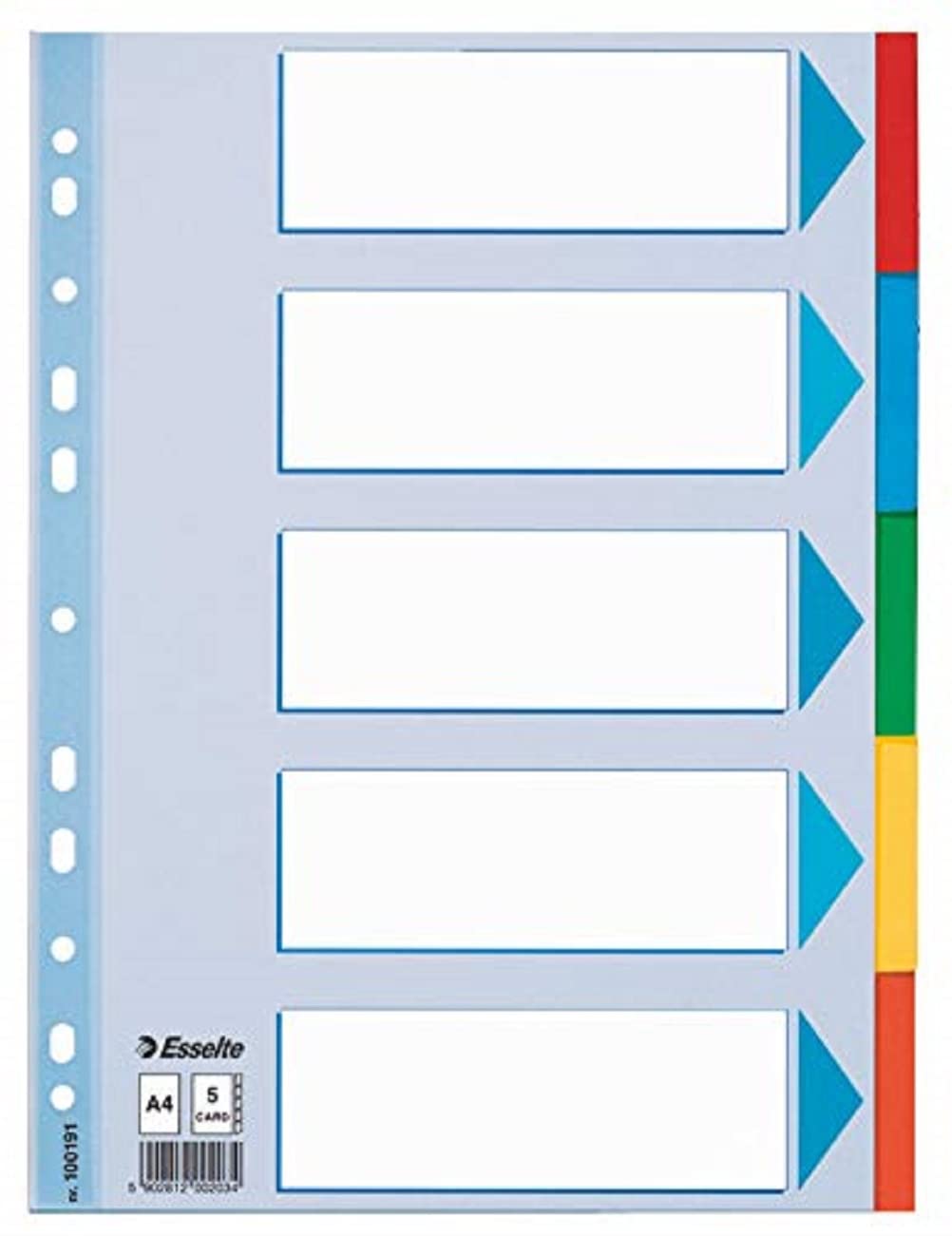 Esselte A4 Card File Dividers. 5 Parts Coloured Folder Dividers with identification front sheet, for Ring Binders and Lever Arch Files. Made from durable, recycled card