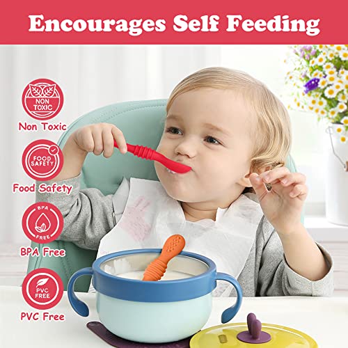 Vicloon 4Pcs Baby Fork and Spoon Set, Silicone Spoon Baby Weaning Spoon Set Self Feeding Utensil Easy Grip Soft Baby Spoon, Toddler Cutlery Kit for Infant Toddler Children First Led Training Weaning