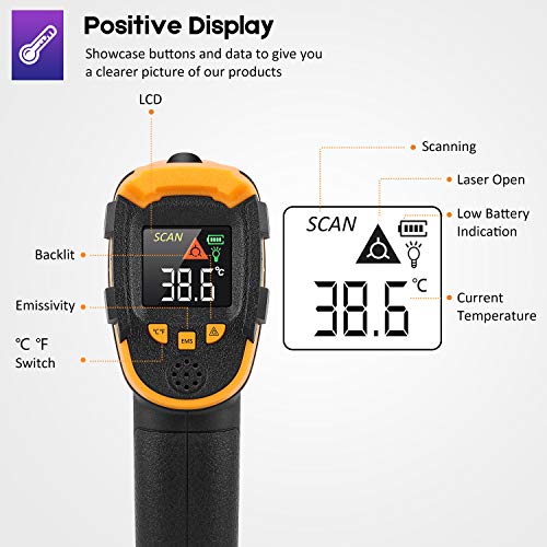 Infrared Thermometer Non-Contact Digital Laser Temperature Gun Color Display -58℉～1112℉(-50℃～600℃) Adjustable Emissivity - for Cooking/BBQ/Freezer/Food/Fridge - Meat Thermometer Included