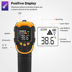 Infrared Thermometer Non-Contact Digital Laser Temperature Gun Color Display -58℉～1112℉(-50℃～600℃) Adjustable Emissivity - for Cooking/BBQ/Freezer/Food/Fridge - Meat Thermometer Included