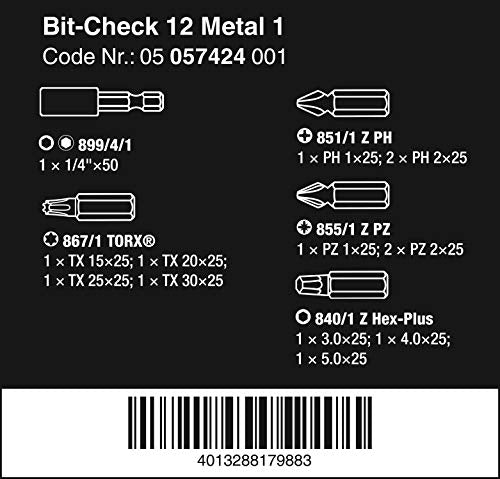 Wera Bit-Check 12 Metal 1 General Purpose bit set for drill/drivers, Metal jointing PZ,PH,Hex-Plus,TX 12 piece, 05057424001