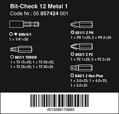 Wera Bit-Check 12 Metal 1 General Purpose bit set for drill/drivers, Metal jointing PZ,PH,Hex-Plus,TX 12 piece, 05057424001