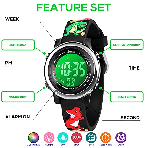 Bigmeda Kids Digital Watch, 3D Cartoon Sports Watch for 3-10 Year Boys Girls, Time Date Display, 7 Color Backlight, Stopwatch, Alarm Functions Kids Waterproof Wrist Watch (Dinosaur)