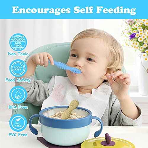 Vicloon Baby Fork and Spoon Set, 4Pcs Silicone Spoon Baby Weaning Spoon Set Self Feeding Utensil Easy Grip Soft Baby Spoon, Toddler Cutlery Kit for Infant Toddler Children First Led Training Weaning