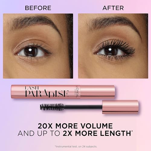 L'Oréal Paris Intense Volume Mascara, Volumising and Lengthening, Infused with Castor and Floral Oils to Condition Eyelashes, Suitable for Sensitive Eyes, Soft Fibre Brush, Lash Paradise, Black