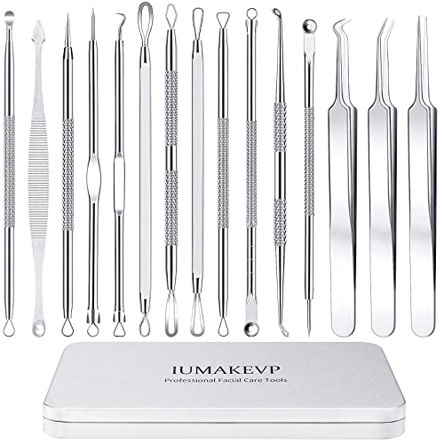 Blackhead Remover Tool Kit, IUMAKEVP 15 PCS Professional Stainless Steel Pimple Popper Comedone Extractor Tools for Removing Pimple, Blackheads, Zit on Face - Acne Removal Kit with Metal Case (Silver)