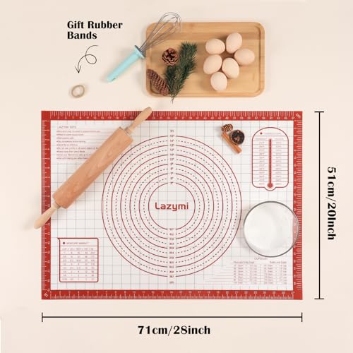 Lazymi Extra Large Silicone Pastry Rolling Mat Sheet with Measurement 71×51cm, Non-Slip Silicon Dough Kneading Board, Non Stick for Fondant Icing Cake Pizza Bread Baking (Red)