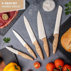 nuovva Professional Kitchen Knife Set – 5pcs Cream Granite Kitchen Knives – Stainless Steel Granite Non Stick Blades – Chefs, Filleting, Bread, Paring and Utility Knives