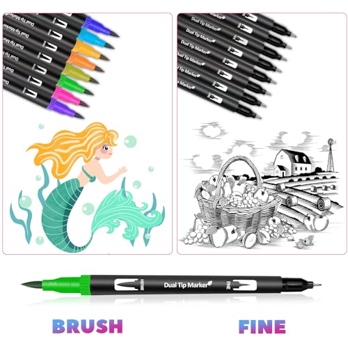 Halobios Dual Tip Brush Pens, Art Supplies Colouring Pens Set for Kids Colouring Books, 24 Colours Felt Tip Pens Art Markers for Design, Drawing, Painting, Sketching, Calligraphy, Lettering