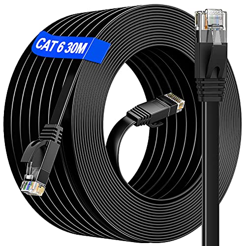 Ethernet Cable 30m Outdoor & Indoor, Long Ethernet Cable High Speed, Cat 6 Flat Gigabit Anti-Interference Internet Cable, For Home/Router/Switch(30 Clips) - Faster Than Cat5/Cat 5E/False Cat 7