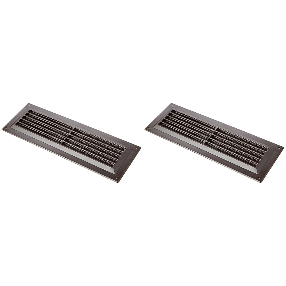 Map Louvre Vent Cover 9 x 3 (229mm x 76mm), Fixed Plastic Grille with Flyscreen to Cover Single Brick, Brown (Pack of 2)